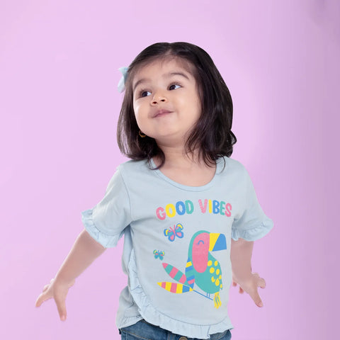 Organic Cotton Reffule Tshirt Bird Print Girls Blue