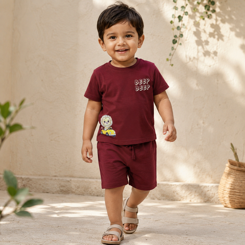 Mimo the Lion Tshirt Shorts Set Lyocell Cotton Blend | Maroon