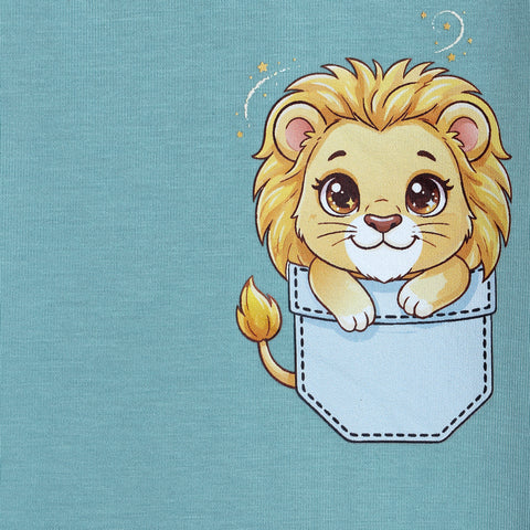Lyocell Cotton Girls Tshirt Shorts Set "Mimo the Lion"  print, Aqua Blue