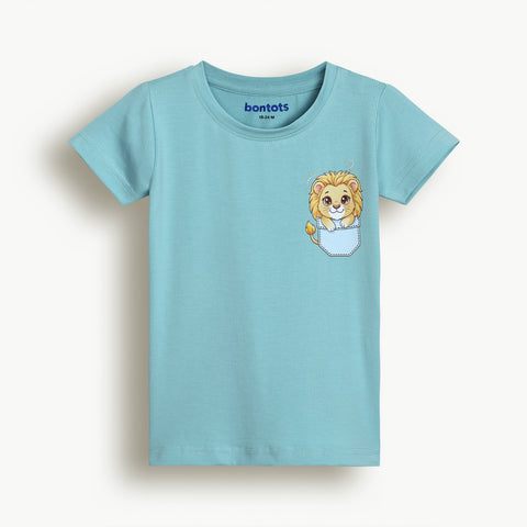 Lyocell Cotton Girls Tshirt Shorts Set "Mimo the Lion"  print, Aqua Blue