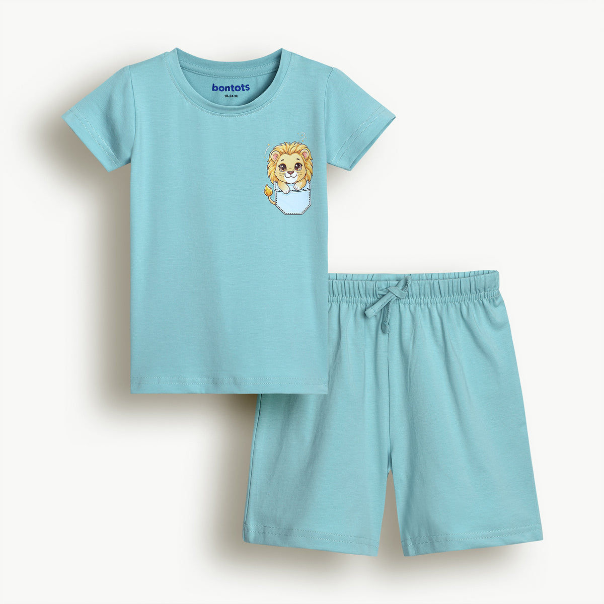 Lyocell Cotton Girls Tshirt Shorts Set "Mimo the Lion"  print, Aqua Blue