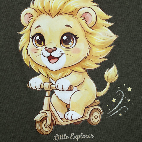 Lyocell Cotton Girls Tshirt Shorts Set "Mimo the Lion"  print, Olive Green