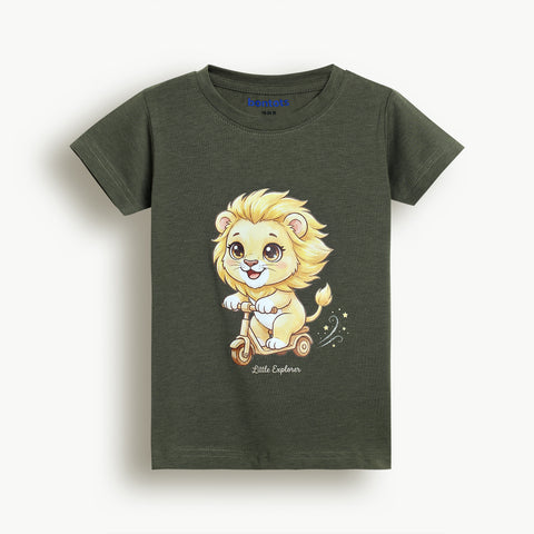 Lyocell Cotton Girls Tshirt Shorts Set "Mimo the Lion"  print, Olive Green