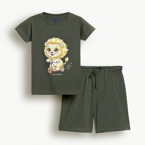 Lyocell Cotton Girls Tshirt Shorts Set "Mimo the Lion"  print, Olive Green