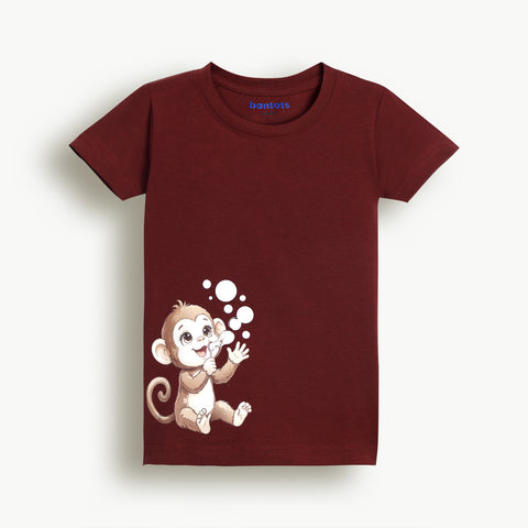 Lyocell Cotton Girls Tshirt Shorts Set "Kiki the Monkey"  print, Maroon