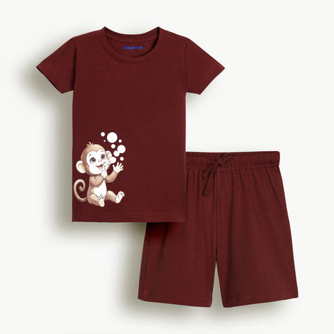 Lyocell Cotton Girls Tshirt Shorts Set "Kiki the Monkey"  print, Maroon