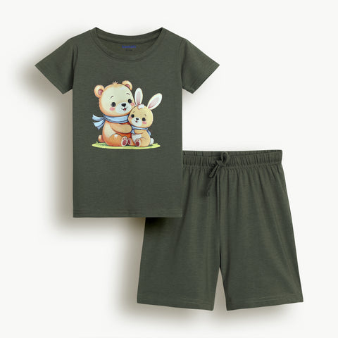 Lyocell Cotton Girls Tshirt Shorts Set "Coco & Bella"  print, Olive Green