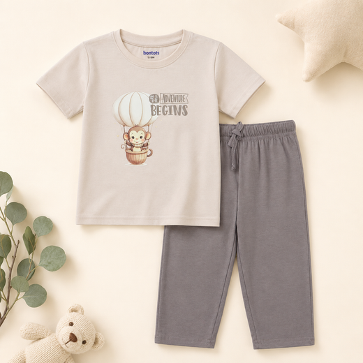 Kiki the Monkey Tshirt Pyjama Set Lyocell Cotton Blend | Beige