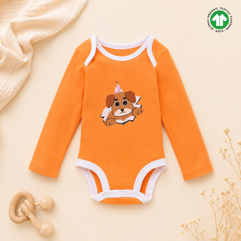 Organic Cotton Knitted Full Sleeves Block Print Onesie Orange