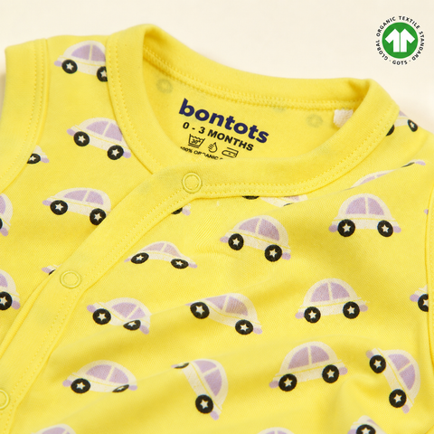 Organic Cotton Baby Jhabla Sleeveless Vest with Snap Buttons, Bright Yellow Car Print