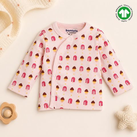 Organic Cotton Baby Jhabla – Soft Pink Ice Cream Print Front Open