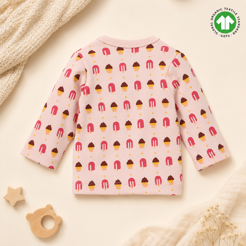 Organic Cotton Baby Jhabla – Soft Pink Ice Cream Print Front Open
