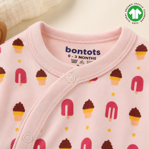 Organic Cotton Baby Jhabla – Soft Pink Ice Cream Print Front Open