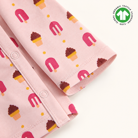 Organic Cotton Baby Jhabla – Soft Pink Ice Cream Print Front Open