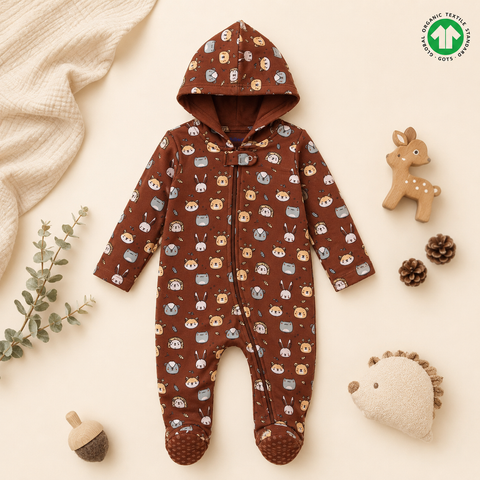 Cozy Critters Organic Cotton Hooded Sleepsuit – Soft, Snug & All-Season Warmth