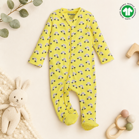 Sunny Drive Organic Cotton Sleepsuit – Soft, Safe & Super Easy Dressing