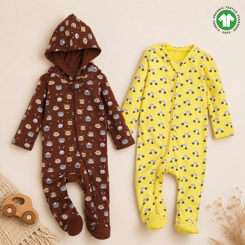 Organic Cotton Sleepsuit (2pc Combo) Brown & Yellow