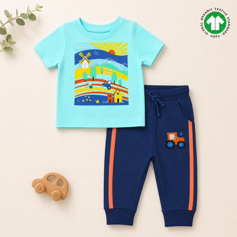 Organic Cotton Farm Print Tshirt Pajama 2 Pcs Set