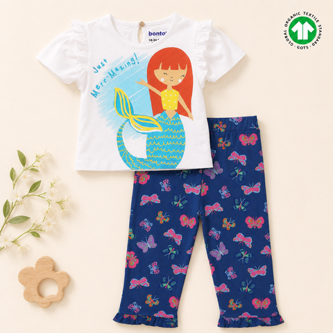 Organic Cotton Printed Ruffle TShirt and Pajama 2 Pcs Set Girls