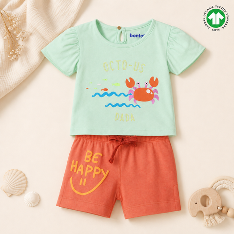 Organic Cotton Crab Print T Shirt Shorts 2 Pcs Set Girls