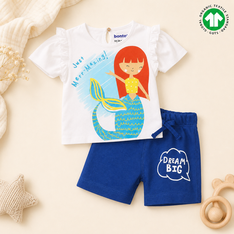 Organic Cotton Mermaid Print T Shirt Shorts 2 Pcs Set