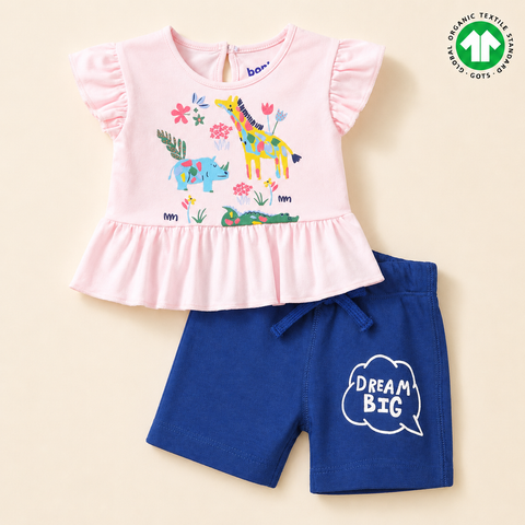 Organic Cotton Ruffle T Shirt Shorts 2 Pcs Set Pink & Blue