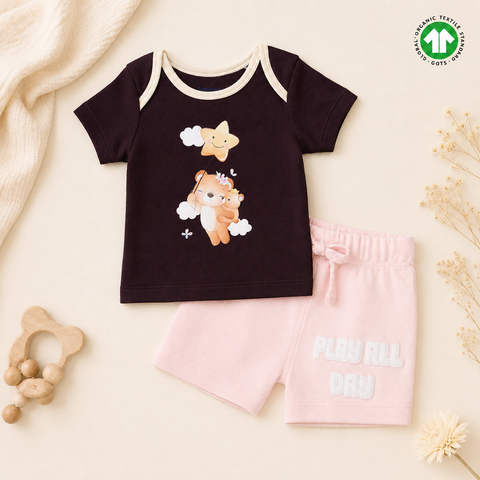 Organic Cotton Teddy Print T Shirt Shorts 2 Pcs Set