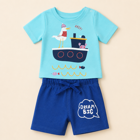 Organic Cotton Sailor Print T Shirt Shorts 2 Pcs Set boys
