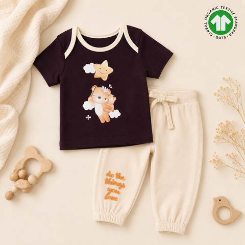 Organic Cotton Teddy Print T Shirt and Pajama 2 Pcs Set