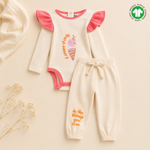 Organic Cotton Bodysuit Pajama 2 Pcs Set Girls Cream