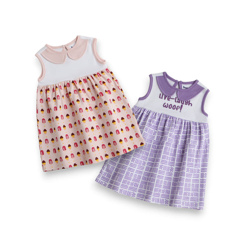 Baby Girls 100% Organic Cotton Printed Dress Premium Sleeveless Peter Pan Collar Summer Combo Pack