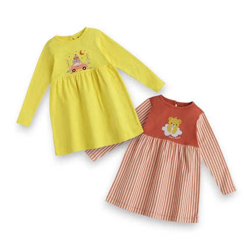 Organic Cotton Printed Dress Combo Set – Bear Print & Striped Designer Dresses