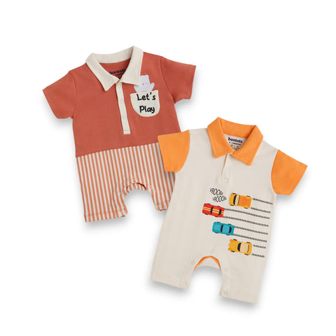 Printed Romper Combo Set – Polo Collar Car Print & Striped Play Theme Rompers