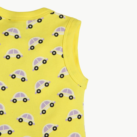 Organic Cotton Baby Jhabla Sleeveless Vest with Snap Buttons, Bright Yellow Car Print