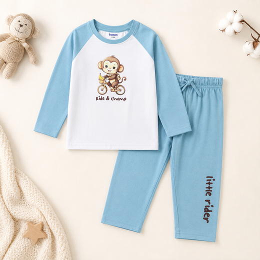Kiki the Monkey Raglan Nightsuit Lyocell Cotton - Blue