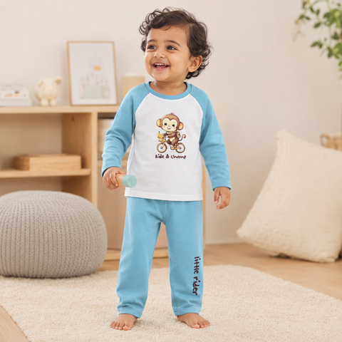 Kiki the Monkey Raglan Nightsuit Lyocell Cotton - Blue
