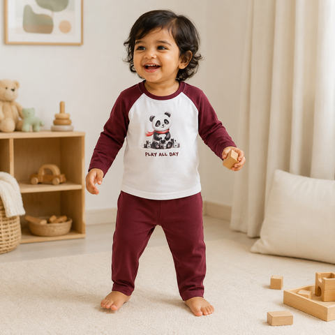 Poko Panda Raglan Nightsuit Lyocell Cotton | Maroon