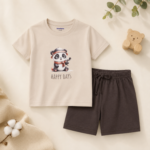 Poko the Panda Tshirt Shorts Set Lyocell Cotton Blend | Beige