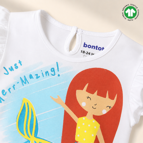 Organic Cotton Ruffle Tshirt Mermaid Print Girls White
