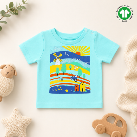 Organic Cotton Half Sleeve TShirt Farm Print Green