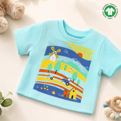 Organic Cotton Half Sleeve TShirt Farm Print Green