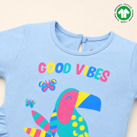 Organic Cotton Reffule Tshirt Bird Print Girls Blue