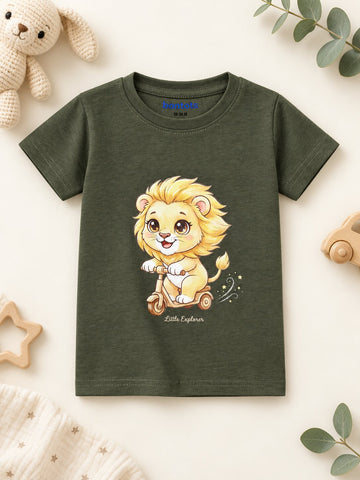 Lyocell Cotton Girls Tshirt Shorts Set "Mimo the Lion"  print, Olive Green