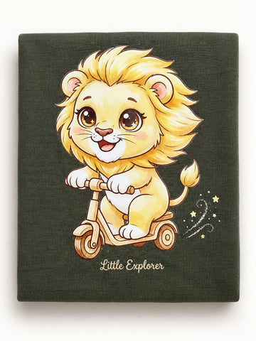 Lyocell Cotton Girls Tshirt Shorts Set "Mimo the Lion"  print, Olive Green