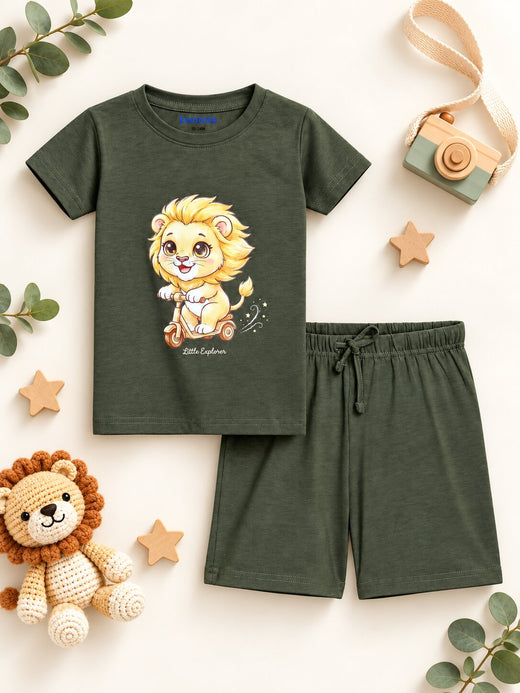 Lyocell Cotton Girls Tshirt Shorts Set "Mimo the Lion"  print, Olive Green