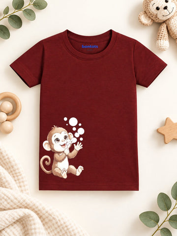 Lyocell Cotton Girls Tshirt Shorts Set "Kiki the Monkey"  print, Maroon