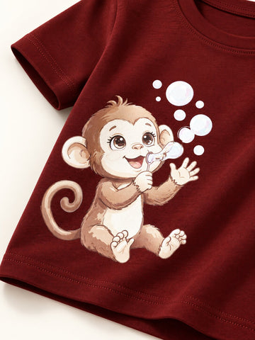 Lyocell Cotton Girls Tshirt Shorts Set "Kiki the Monkey"  print, Maroon