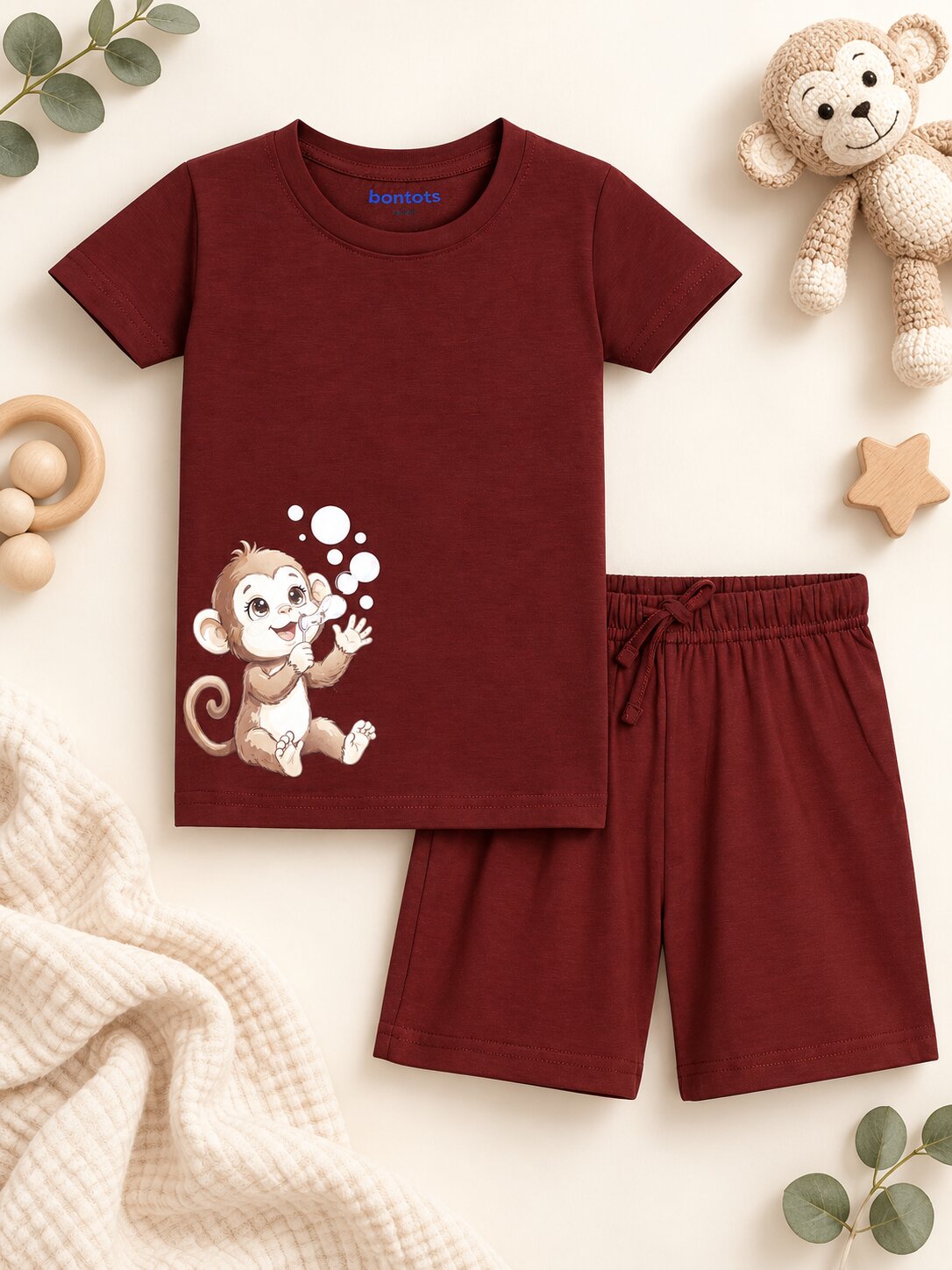 Lyocell Cotton Girls Tshirt Shorts Set "Kiki the Monkey"  print, Maroon