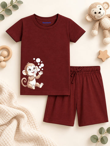 Lyocell Cotton Girls Tshirt Shorts Set "Kiki the Monkey"  print, Maroon