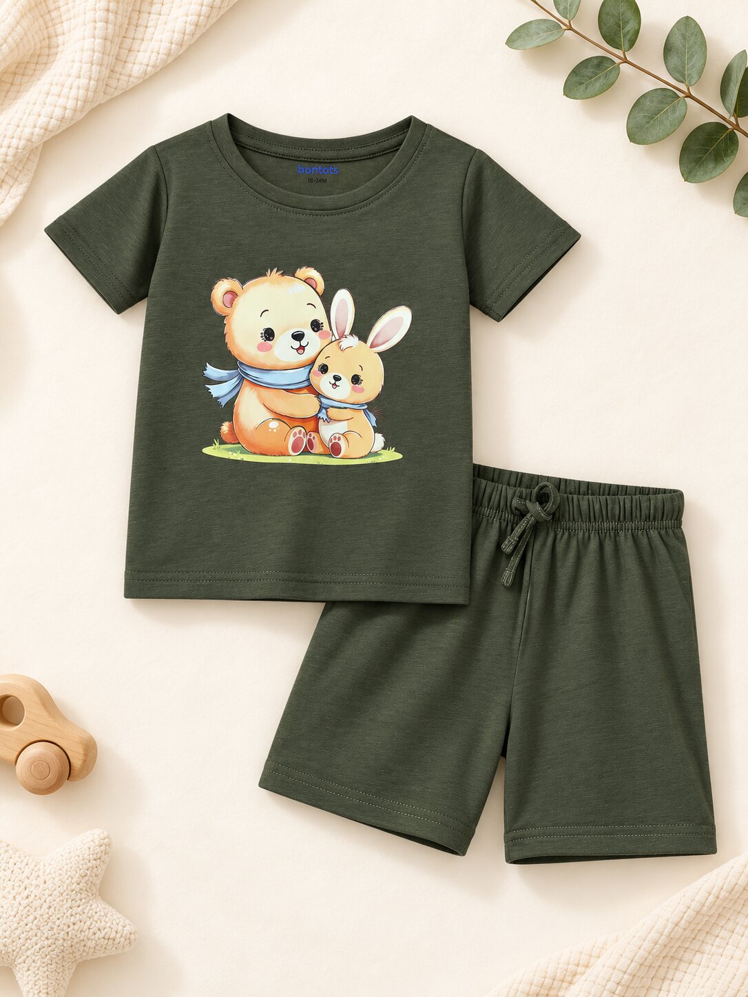 Lyocell Cotton Girls Tshirt Shorts Set "Coco & Bella"  print, Olive Green